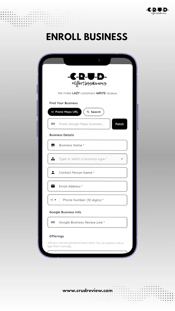 CRUD Review on Google Play, Enroll a business