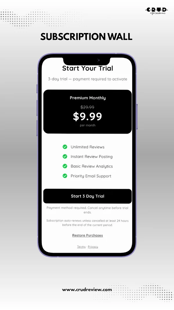 CRUD Review on Google Play, Subscription wall