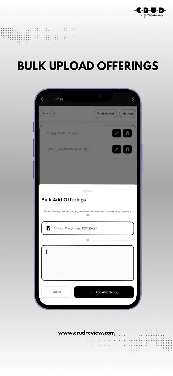 CRUD Review on App Store, Bulk upload offerings