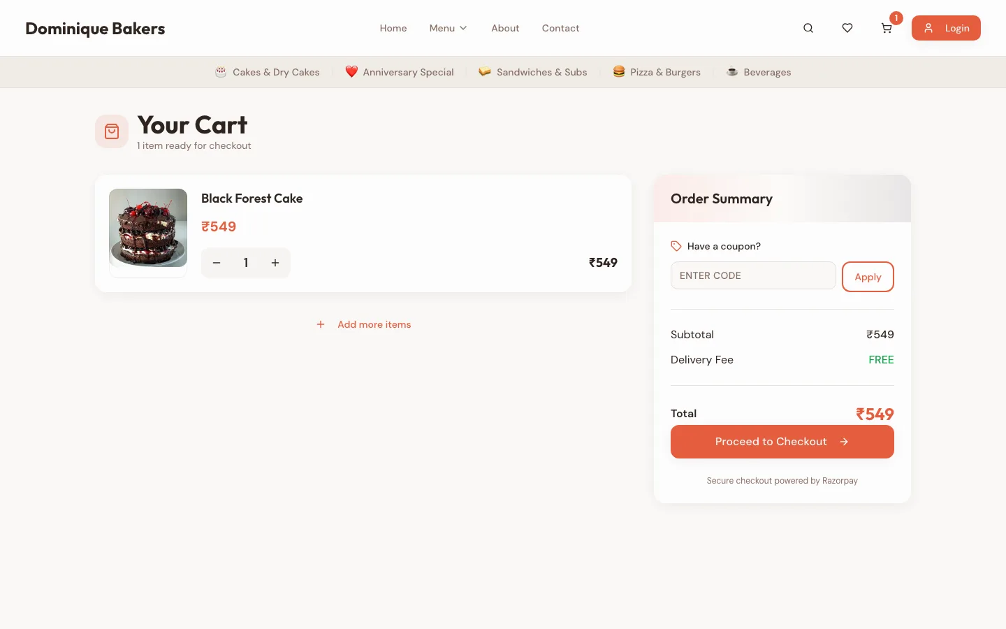 Dominique Bakers, Cart with coupon codes