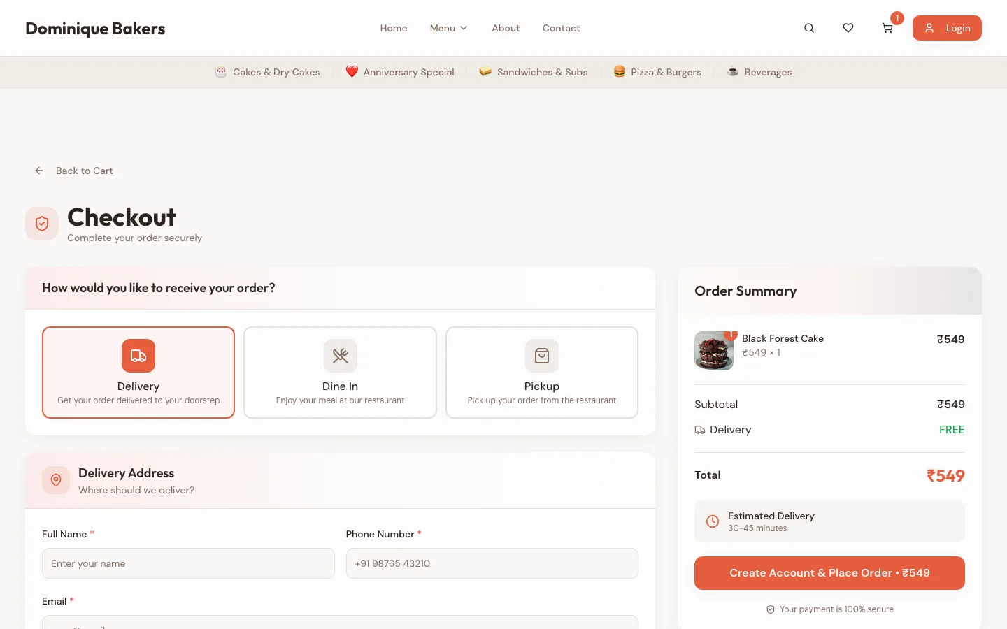 Dominique Bakers, Checkout: delivery, dine-in or pickup