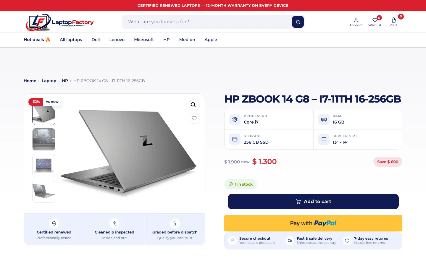 Laptop Factory, Product page with spec grid and savings