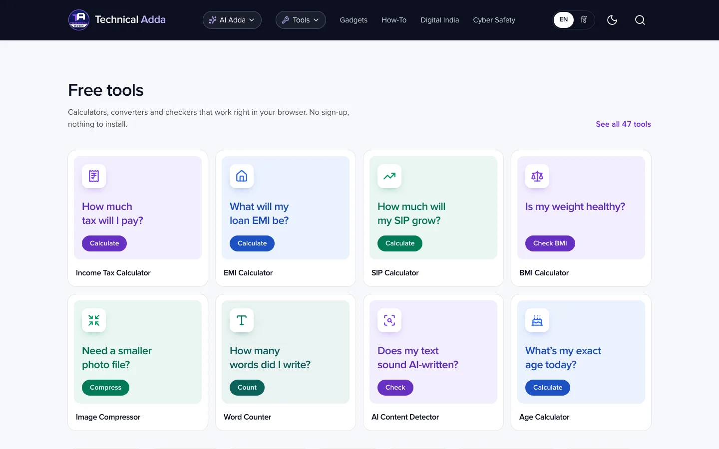 Technical Adda, Free tools on the homepage